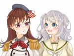  2girls artist_request beret blush breasts brown_hair closed_mouth collared_shirt commentary cosplay double-breasted epaulettes eyebrows_visible_through_hair grey_hair grey_shirt hat kantai_collection kashima_(kantai_collection) kashima_(kantai_collection)_(cosplay) long_hair military military_jacket military_uniform multiple_girls neckerchief ooi_(kantai_collection) ooi_(kantai_collection)_(cosplay) red_neckwear school_uniform serafuku shirt silver_hair simple_background smile sweat twintails uniform upper_body violet_eyes wavy_hair white_background white_neckwear 