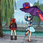  2girls animated animated_gif black_shirt blue_bow blue_eyes blue_hair blue_skirt blue_vest bow cape commentary disembodied_head geta hair_bow heterochromia holding holding_umbrella isu_(is88) juliet_sleeves karakasa_obake long_sleeves lowres miniskirt multiple_girls no_socks open_mouth outdoors pixel_art puffy_sleeves red_cape red_eyes red_skirt redhead river sekibanki shirt short_hair skirt tatara_kogasa thighs tongue touhou tree umbrella vest white_shirt willow 