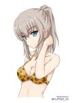  1girl animal_print bikini blue_eyes breasts cleavage closed_mouth collarbone commentary dated eyebrows_visible_through_hair flipper girls_und_panzer hair_up hand_in_hair itsumi_erika light_frown long_hair looking_at_viewer medium_breasts ponytail print_bikini silver_hair simple_background solo standing swimsuit twitter_username upper_body white_background yellow_bikini 