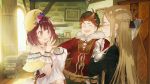  1boy 2girls atelier_(series) atelier_sophie blonde_hair blush breasts brown_eyes brown_hair fat game_cg glasses gloves hat jewelry laughing long_hair monika_ellmenreich multiple_girls necklace noco_(adamas) official_art open_mouth oskar_behlmer scarf short_hair skirt smile sophie_neuenmuller tears very_long_hair 