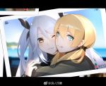  2girls :q azur_lane blonde_hair blue_eyes blurry bright_pupils brown_eyes crossover depth_of_field from_behind hair_between_eyes hair_over_shoulder hug kantai_collection letterboxed long_hair looking_at_viewer looking_back low_twintails multiple_girls namesake narcolepsy-1900 one_eye_closed outdoors parted_lips photo_(object) prinz_eugen_(azur_lane) prinz_eugen_(kantai_collection) silver_hair smile tongue tongue_out turtleneck twintails two_side_up weibo_username white_pupils 