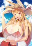  1girl animal_ears bell bikini blonde_hair blush breasts choker clouds cloudy_sky commentary_request fox_ears fox_tail hat hat_ribbon highres huge_breasts innertube jingle_bell long_hair open_mouth original red_bikini red_eyes ribbon see-through shinoshinosp sky solo straw_hat sun swimsuit tail 