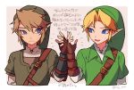  2boys belt blonde_hair blue_eyes fingerless_gloves frown gloves hat looking_at_another loz_017 multiple_boys open_mouth pointy_ears the_legend_of_zelda the_legend_of_zelda:_ocarina_of_time the_legend_of_zelda:_twilight_princess two-tone_background 