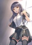  1girl 2018 bangs bare_shoulders belt belt_buckle black_belt black_hair black_legwear black_skirt blunt_bangs breasts buckle collarbone cowboy_shot dated earrings eyebrows_visible_through_hair gogo_(detteiu_de) highres jewelry kingdom_hearts kingdom_hearts_unchained_x legs_apart long_hair medium_breasts miniskirt open_clothes open_mouth orange_eyes pleated_skirt shirt short_sleeves signature skirt skuld_(kingdom_hearts) solo standing star star_earrings tank_top thigh-highs white_shirt window zettai_ryouiki 