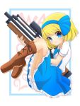  1girl alice_margatroid alice_margatroid_(pc-98) bangs blonde_hair blue_bow blue_eyes blue_neckwear blue_skirt blush boots bow bowtie brown_footwear bullpup buttons collared_shirt commentary_request eyebrows_visible_through_hair full_body gun hair_bow highres holding holding_gun holding_weapon inon looking_at_viewer rifle shirt short_hair short_sleeves skirt sniper_rifle solo suspender_skirt suspenders touhou touhou_(pc-98) walther walther_wa_2000 weapon white_shirt 