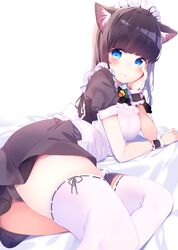  1girl animal_ears apron arm_support ass bangs bed_sheet bell black_dress blue_eyes blush breasts brown_hair cat_ears chikuwa. closed_mouth commentary_request dress eyebrows_visible_through_hair frilled_apron frills highres jingle_bell long_hair looking_at_viewer lying maid maid_apron maid_headdress medium_breasts on_side original puffy_short_sleeves puffy_sleeves ribbon-trimmed_legwear ribbon_trim short_sleeves smile solo tail thigh-highs white_apron white_background white_legwear wrist_cuffs 