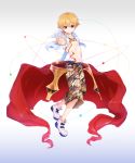  1boy absurdres bare_chest blonde_hair blue_background chains chest_tattoo child_gilgamesh closed_mouth expressionless fate/grand_order fate/hollow_ataraxia fate_(series) full_body gradient gradient_background grey_background highres looking_at_viewer male_focus mizukiraimu open_clothes open_shirt outstretched_hand red_eyes shirt shoes shorts simple_background solo standing tattoo white_background white_shirt 
