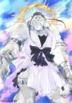  1boy blue_eyes bow cosplay crossdressinging dress euryale euryale_(cosplay) fate/grand_order fate_(series) furry halo headband jewelry lion mane thomas_edison_(fate/grand_order) twitter_username white_hair 