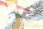  1boy alphonse_elric angel_wings blonde_hair expressionless frown fullmetal_alchemist graphite_(medium) highres long_sleeves looking_away looking_back male_focus mechanical_pencil mechanical_wings pencil red shirt short_hair simple_background traditional_media waistcoat white_background white_shirt wings yellow_eyes 