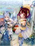  2girls absurdres atelier_(series) atelier_sophie bare_shoulders bird blush breasts brown_eyes brown_hair gloves green_eyes hair_ornament hat highres huge_filesize jewelry lake long_hair looking_at_viewer medium_breasts multiple_girls necklace noco_(adamas) official_art open_mouth plachta short_hair silver_hair skirt smile sophie_neuenmuller thigh-highs town 