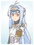  1girl android blue_hair commentary commentary_request cyborg forehead_protector futaba_no_taiko kos-mos long_hair red_eyes solo valentine xenosaga 