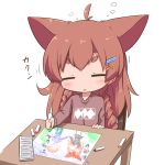  1girl animal_ears braid brown_hair chibi child_drawing closed_eyes commentary_request crayon hair_ornament hairclip highres lonely makuran original simple_background sleepy solo table thick_eyebrows twin_braids white_background x_hair_ornament 