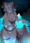  1girl blue_eyes breasts cave cleavage curvy double_bun draph earrings finger_to_mouth granblue_fantasy haido_(ryuuno_kanzume) hair_ornament hair_over_one_eye highres horns jewelry large_breasts lavender_hair long_hair looking_at_viewer narmaya_(granblue_fantasy) navel pointy_ears purple_hair sarong shushing sidelocks solo water 