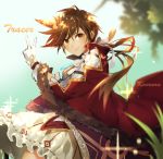  1girl artist_name atobesakunolove blurry brown_eyes brown_hair cape character_name depth_of_field ear_piercing earrings freckles gloves highres jewelry looking_at_viewer overwatch piercing skirt solo tracer_(overwatch) v white_gloves 