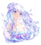  bangs bare_arms bare_shoulders blue_eyes blue_hair breasts cleavage collarbone commission flower hair_flower hair_ornament headshot long_hair looking_to_the_side original petals rose smile tonowa upper_body white_hair 