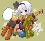 1girl alternate_costume backpack bag bangs between_legs black_bow black_legwear blue_eyes blue_shorts blush boots bow bowtie brown_footwear commentary_request dog_tags eyebrows_visible_through_hair full_body hair_bow hand_between_legs headset highres hood hoodie inon knee_pads konpaku_youmu konpaku_youmu_(ghost) long_sleeves looking_at_viewer pouch red_bow red_cross short_hair shorts silver_hair sitting solo star sword sword_behind_back thigh-highs touhou weapon 