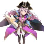  1girl absurdres book braid cosplay fate/grand_order fate_(series) francis_drake_(fate) francis_drake_(fate)_(cosplay) hat highres jacket_on_shoulders jeffrey10 nursery_rhyme_(fate/extra) open_book open_clothes open_shirt pants pirate_hat violet_eyes white_hair 