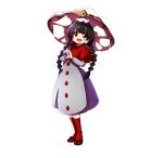  1girl absurdres ajirogasa baba_(baba_seimaijo) black_hair braid buttons capelet commentary_request dress earlobes full_body grey_dress hands_together hat highres long_hair long_sleeves looking_at_viewer open_mouth red_capelet red_eyes red_legwear sandals solo standing touhou transparent_background twin_braids yatadera_narumi 