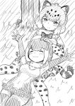 2girls ^_^ animal_ears armpits arms_up bangs bow bowtie closed_eyes closed_mouth covered_navel elbow_gloves eyebrows_visible_through_hair fingerless_gloves fur_collar gloves greyscale half-closed_eyes hand_on_another&#039;s_head happy jaguar_(kemono_friends) jaguar_ears jaguar_print jaguar_tail kemono_friends lap_pillow looking_at_another lying monochrome multiple_girls on_back otter_ears otter_tail outdoors outstretched_arms outstretched_hand sannomiya_mirai short_hair sketch skirt small-clawed_otter_(kemono_friends) smile swimsuit tail thigh-highs 