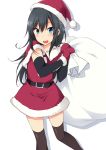  1girl :d asashio_(kantai_collection) belt black_gloves black_hair blue_eyes brown_legwear capelet commentary_request elbow_gloves fur_trim gloves hat holding kantai_collection long_hair looking_at_viewer mittens nagami_yuu open_mouth red_capelet red_gloves red_hat sack santa_costume santa_hat simple_background smile solo standing thigh-highs white_background 