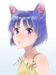  1girl animal_ears artist_name bare_shoulders blue_hair blush bouquet_(doubutsu_no_mori) bow cat_ears doubutsu_no_mori personification solo teeth tsutsuji_(hello_x_2) violet_eyes 