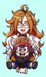  2girls :d ^_^ age_difference android_21 antenna_hair baseball_cap black_footwear blue_background blue_eyes blue_shorts blush brown_hair character_name closed_eyes crossover dr._slump dragon_ball dragon_ball_fighterz eyelashes full_body glasses gloves happy hat hug hug_from_behind labcoat long_hair long_sleeves looking_at_viewer lowres multiple_girls norimaki_arale open_mouth purple_hair red_ribbon ribbon shorts simple_background smile socks st62svnexilf2p9 upper_body very_long_hair 