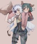  2girls :3 animal_ears carrying chaika_trabant cosplay dog_ears dog_tail dress eyepatch fang fingerless_gloves fireman&#039;s_carry gloves green_eyes green_hair hair_ornament hairband highres hitsugi_no_chaika kasodani_kyouko lolita_hairband long_hair mechanical_arm metal_gear_(series) metal_gear_solid_v multiple_girls pink_dress prosthesis prosthetic_arm scar short_hair silver_hair smile standing svveet tail tail_wagging touhou venom_snake venom_snake_(cosplay) violet_eyes 