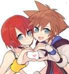  1boy 1girl blue_eyes breasts brown_hair closed_mouth commentary_request hood hoodie jewelry jyaco7777 kairi_(kingdom_hearts) kingdom_hearts kingdom_hearts_i necklace redhead short_hair sora_(kingdom_hearts) 