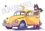  ahoge black_hair black_scarf blake_belladonna bow bumblebee bumblebee_(rwby) car ground_vehicle hair_bow highres iesupa long_hair motor_vehicle objectification rwby scarf transformers volkswagen_beetle yang_xiao_long yellow_eyes 