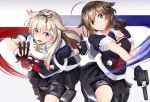  2girls ahoge black_hair black_ribbon black_serafuku black_skirt blonde_hair blue_eyes braid cannon fingerless_gloves gloves hair_flaps hair_ornament hair_over_shoulder hair_ribbon hairclip kantai_collection long_hair multiple_girls neckerchief ninoude_(ninoude44) pleated_skirt red_eyes red_neckwear remodel_(kantai_collection) ribbon rigging scarf school_uniform serafuku shigure_(kantai_collection) single_braid skirt thigh_strap torpedo turret white_scarf yuudachi_(kantai_collection) 