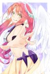  1girl :q absurdres angel_wings artist_request blush breasts crop_top feathered_wings gradient_hair halo highres jibril_(no_game_no_life) large_breasts long_hair looking_at_viewer low_wings magic_circle midriff multicolored_hair navel no_game_no_life pink_hair sideboob smile solo stomach tongue tongue_out very_long_hair white_wings wing_ears wings yellow_eyes 