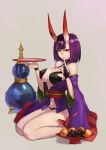  1girl absurdres alcohol alternate_breast_size ankle_ribbon bangs bare_shoulders breasts cup fate/grand_order fate_(series) finger_to_mouth food fruit gourd grapes highres holding horns huitu_xigai japanese_clothes kimono large_breasts looking_at_viewer oni oni_horns open_clothes open_kimono purple_hair purple_kimono revealing_clothes ribbon sakazuki sake seiza short_hair shuten_douji_(fate/grand_order) sitting solo violet_eyes 