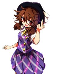  absurdres baba_(baba_seimaijo) bow brown_hair dress fedora glasses hat hat_bow highres long_hair looking_at_viewer low_twintails middle_finger open_mouth plaid plaid_vest purple_dress red-framed_eyewear red_eyes school_uniform semi-rimless_eyewear short_sleeves touhou twintails usami_sumireko vest white_background 