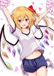  1girl :d alternate_costume arms_up blue_shorts blush bow breasts collarbone commentary_request confetti contemporary crystal eyebrows_visible_through_hair flandre_scarlet gym_shirt gym_shorts gym_uniform hair_between_eyes hair_bow heart highres holding holding_pom_poms hyurasan jumping looking_at_viewer midriff navel no_hat no_headwear one_side_up open_mouth pink_footwear pom_poms red_bow shirt shoes short_sleeves shorts simple_background small_breasts smile sneakers socks solo stomach touhou white_background white_legwear white_shirt wings 