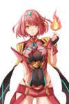  1girl arm_behind_back bangs breasts covered_navel cowboy_shot earrings eyebrows_visible_through_hair fingerless_gloves fire gloves highres pyra_(xenoblade) jewelry large_breasts looking_at_viewer pyrokinesis red_eyes red_shorts redhead redpoke short_hair short_shorts shorts shoulder_armor skindentation smile solo swept_bangs tiara white_background xenoblade_(series) xenoblade_2 