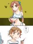  2girls 2koma absurdres akigumo_(kantai_collection) alternate_costume bandaid bandaid_on_cheek bandaid_on_face bare_shoulders blue_ribbon blush brown_eyes brown_hair can closed_mouth collarbone comic constricted_pupils dress drooling eyebrows_visible_through_hair green_eyes hair_ribbon heart highres holding holding_can kantai_collection long_hair looking_at_viewer multiple_girls oboro_(kantai_collection) orange_hair ponytail ribbon saliva shirt short_hair smile speech_bubble t-shirt tama_wo translation_request 