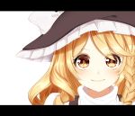  1girl absurdres black_hat blonde_hair bow braid face hair_bow hat hat_bow highres kirisame_marisa letterboxed looking_at_viewer portrait shiki_(s1k1xxx) single_braid smile solo touhou white_background white_bow yellow_eyes 
