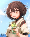  0yukiya0 1girl artist_name black_shirt blue_sky brown_eyes brown_hair clouds dated day drink horizon hyuuga_(kantai_collection) japanese_clothes kantai_collection looking_at_viewer open_mouth outdoors shirt short_hair short_sleeves sky smile solo undershirt upper_body 