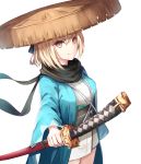  1girl black_scarf blacktheif blonde_hair bow fate/grand_order fate_(series) hair_between_eyes hair_bow hat holding holding_weapon japanese_clothes katana kimono looking_at_viewer okita_souji_(fate) scarf short_hair simple_background smile sword weapon white_background yellow_eyes 