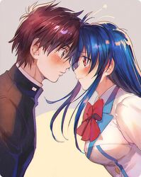  1boy 1girl aoki_(fumomo) blue_hair blush bow breasts brown_hair chidori_kaname face-to-face forehead-to-forehead full_metal_panic! grey_background grey_eyes hair_between_eyes long_hair medium_breasts profile red_eyes sagara_sousuke school_uniform serafuku shirt short_hair simple_background smile spiky_hair turtleneck two-tone_background upper_body white_background 