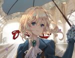  1girl blonde_hair blue_eyes blue_jacket blush braid brooch commentary crown_braid hair_between_eyes hair_intakes hair_ribbon holding holding_umbrella jacket jewelry mechanical_arms mechanical_hand mechanical_hands parasol petals pink_lips prosthesis prosthetic_arm prosthetic_hand red_ribbon ribbon smile umbrella violet_(flower) violet_evergarden violet_evergarden_(character) white_neckwear work_in_progress yume_ou 