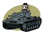  1girl caterpillar_tracks chibi grey_hair ground_vehicle headphones iiyatsu_(stormtrooperh) military military_uniform military_vehicle motor_vehicle open_mouth original panzerkampfwagen_iii ponytail red_eyes tank uniform 