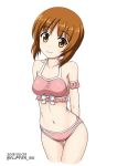 1girl armlet arms_behind_back bangs bikini bow_bikini breasts brown_eyes brown_hair closed_mouth collarbone commentary cowboy_shot dated flipper frilled_bikini frills girls_und_panzer head_tilt leaning_forward looking_at_viewer medium_breasts navel nishizumi_miho pink_bikini short_hair simple_background smile solo standing swimsuit thigh_gap twitter_username white_background 
