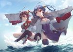  2girls ahoge anklet azur_lane black_legwear blue_hair blue_sky breasts brown_hair chinese_clothes cleavage clouds coat commentary_request day dress fur_trim hair_ornament hairband hajin jewelry long_sleeves medium_breasts multiple_girls ning_hai_(azur_lane) off_shoulder outdoors pelvic_curtain ping_hai_(azur_lane) purple_dress red_dress red_eyes shoes short_hair single_thighhigh sky small_breasts standing thigh-highs water white_coat white_footwear white_hairband wide_sleeves wings 