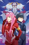  1boy 1girl bangs black_bodysuit black_hair blue_eyes bodysuit candy christianblaza clouds cloudy_sky commentary couple darling_in_the_franxx food fringe gloves green_eyes hair_ornament hairband hand_on_hip hetero highres hiro_(darling_in_the_franxx) holding_lollipop horns lollipop long_hair looking_at_viewer night night_sky oni_horns pilot_suit pink_hair red_bodysuit red_gloves red_horns short_hair sky star star_(sky) strelizia white_gloves white_hairband zero_two_(darling_in_the_franxx) 