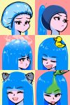  1girl :d :t akairiot angry bangs blush_stickers boiling bottle bubble closed_eyes condensation_trail eyebrows_visible_through_hair facial_expressions fish highres kelda_(akairiot) liquid_hair looking_to_the_side one_eye_closed open_mouth original rubber_duck sad smile swim_cap tongue tongue_out 