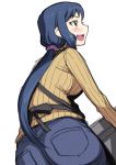  1girl :d apron aqua_eyes ass black_apron blue_hair blue_pants blush breasts denim eyelashes gundam gundam_build_fighters highres iori_rinko jeans large_breasts long_sleeves low_ponytail mature open_mouth pants pocket ponytail ribbed_sweater sakaki_imasato sideways_mouth simple_background smile solo sweater white_background yellow_sweater 