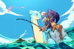  1boy 1girl aipom bare_arms bare_legs bare_shoulders barefoot blue_hair blue_sky brown_eyes closed_mouth dark_skin day denim drooling fisheye fishing fishing_line fishing_rod floating full_body gen_1_pokemon gen_2_pokemon gen_7_pokemon gym_leader highres holding holding_fishing_rod iris_(pokemon) jeans lapras leaning_on_person liline_(liline_01) long_hair looking_at_another mew nose_bubble ocean open_mouth outdoors pants pokemon pokemon_(creature) ponytail purple_hair riding shirt short_hair short_sleeves skirt sky sleeping sleeveless sleeveless_shirt smoke sunglasses swimming tearing_up tongue tongue_out volcano water wide_ponytail wishiwashi 