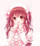  1girl :d animal_ears bangs blush breasts brown_background commentary eyebrows_visible_through_hair hair_between_eyes hair_ribbon hands_up hat idolmaster idolmaster_cinderella_girls idolmaster_cinderella_girls_starlight_stage jacket long_hair long_sleeves looking_at_viewer medium_breasts ogata_chieri open_mouth pf pink_ribbon polka_dot polka_dot_background pom_pom_(clothes) puffy_short_sleeves puffy_sleeves rabbit_ears red_eyes redhead ribbon short_over_long_sleeves short_sleeves sidelocks smile solo twintails upper_body white_hat white_jacket 