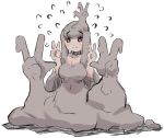  1girl bangs blush breasts brown_hair cleavage closed_mouth double_v eyebrows_visible_through_hair flying_sweatdrops hands_up large_breasts long_hair looking_at_viewer monster_girl mud original red_eyes smile solo u-non_(annon&#039;an) v very_long_hair white_background 